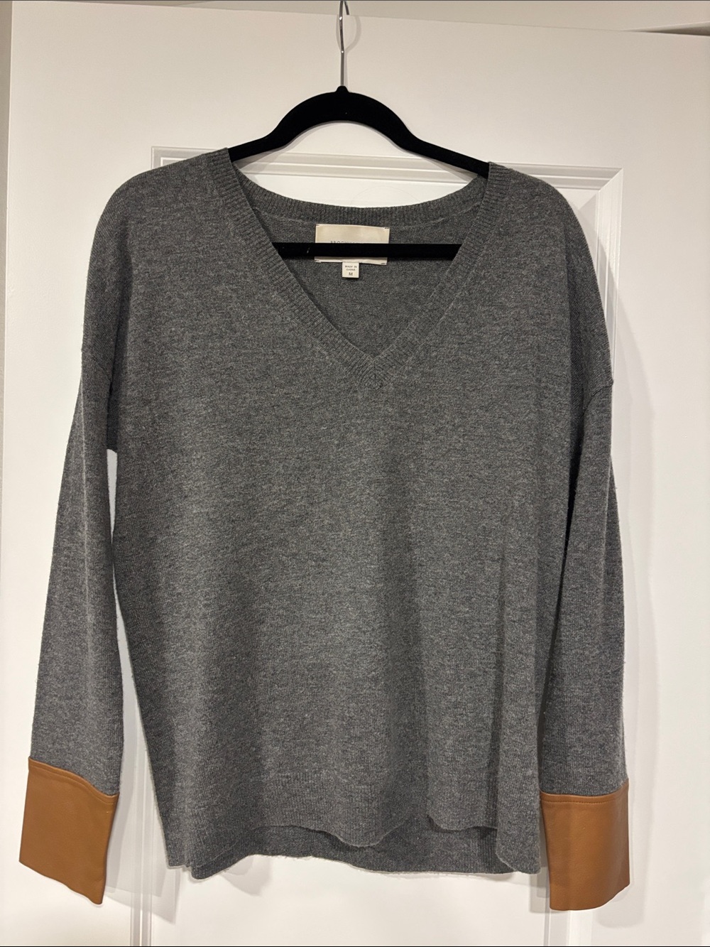 Brochu Walker Gray V-Neck Sweater with Tan Leather Cuffs